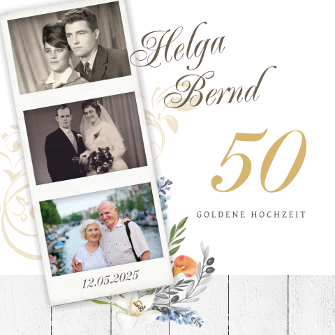 Goldene Hochzeit Einladung Mit Fotostreifen Und Blumenstrauss