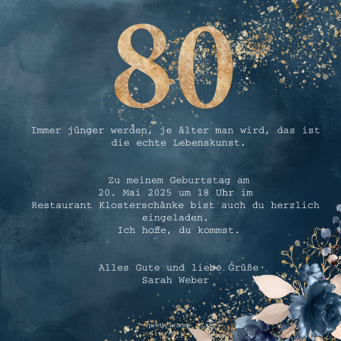 Einladung 80. Geburtstag mit goldgelben Verzierungen und Blumen