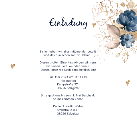 Blaue Karte Zur Goldene Hochzeit Mit Verzierten Blumen Und Foto