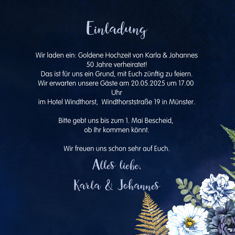 Einladung Zur Goldhochzeit Mit Dunklem Hintergrund Und Blumen