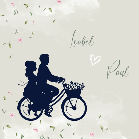 Hochzeitseinladung Mit Rosa Bluten Und Brautpaar Auf Fahrrad