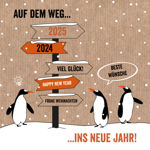 Neujahrs und Weihnachtsgrüße mit Pinguinen im Schnee