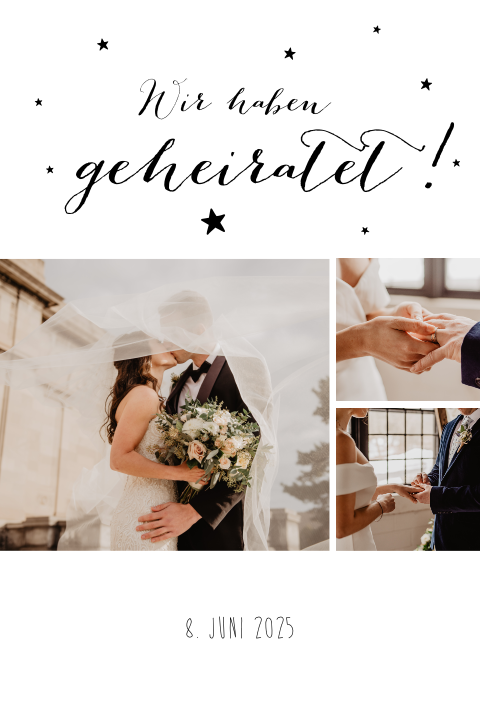 Wir haben geheiratet-Karte mit Hochzeitsfotos und kleinen Sternen