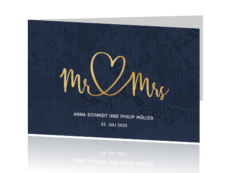 Hochzeitseinladung Mr Und Mrs Mit Blauer Spitze Und Grossem Foto